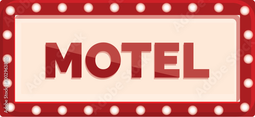 Red motel sign with light bulbs frame is advertising lodging