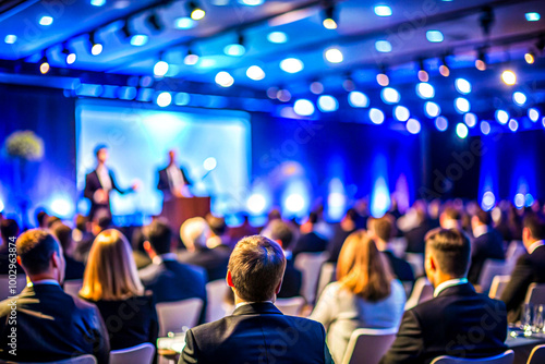 Business Conference Speaker Presenting to a Large Audience in a Professional Setting, on dark blue background