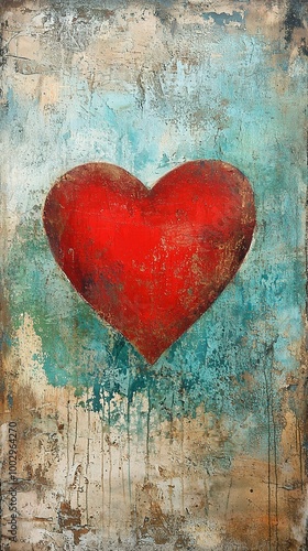 A large red heart is painted on an aged, textured wall with faded colors and...