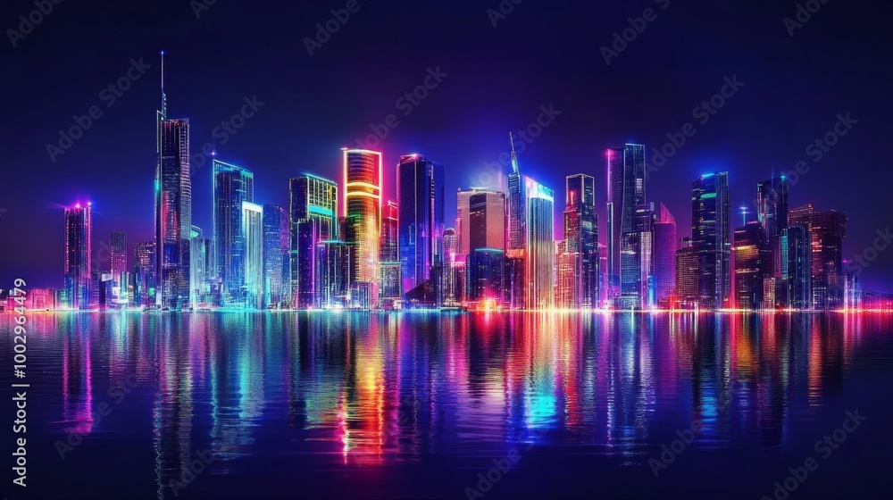 Futuristic Cityscape with Vibrant Neon Lights Illuminating a Modern Digital Skyline at Night, Reflecting Advanced Technology and Urban Life Futuristic Cityscape with Vibrant Neon Lights Illuminating a Modern Digital Skyline at Night, Reflecting Advanced Technology and Urban Life