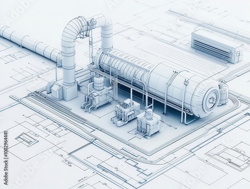 Technical drawing of an HVAC system, illustrating ductwork, airflows, and equipment placement, technical drawings, climate control systems photo