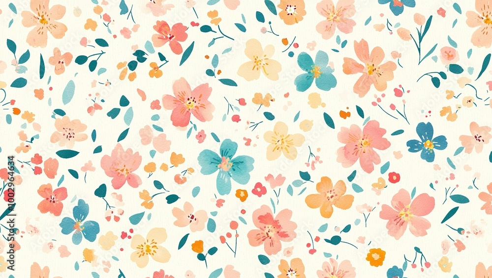 A seamless pattern of small, colorful flowers with pastel pink, orange, and... A seamless pattern of small, colorful flowers with pastel pink, orange, and...