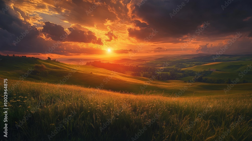 Soft golden light bathes the undulating hills as the sun sets on the horizon, illuminating lush fields and casting dramatic shadows across the landscape Soft golden light bathes the undulating hills as the sun sets on the horizon, illuminating lush fields and casting dramatic shadows across the landscape