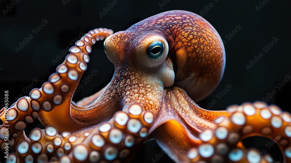 Octopus Head and Tentacles on Black Background Octopus Head and Tentacles on Black Background
