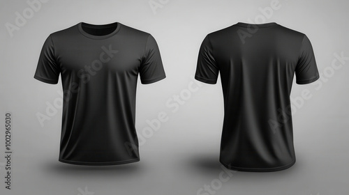 Black t-shirt mockup template, front and back views isolated on a gray background