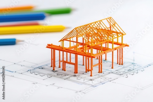 Technical drawing of a steel frame for an industrial building, showing beam connections and load calculations, technical drawings, structural design photo