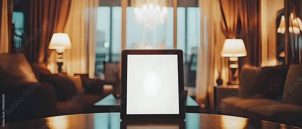 Blank Tablet Mockup on Table in Elegant Living Room Blank Tablet Mockup on Table in Elegant Living Room