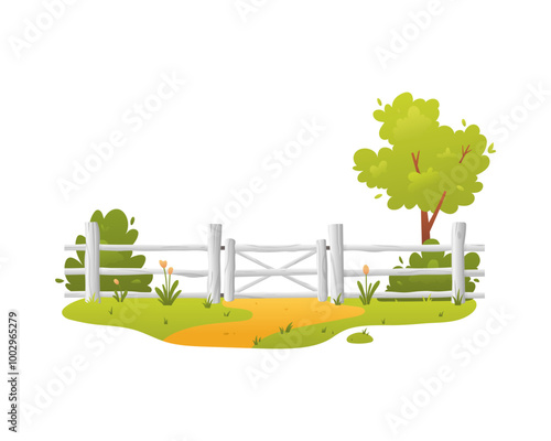 Wooden fence with gate wicket, vector garden white timber barrier with grass and bushes, cartoon backyard lumber border