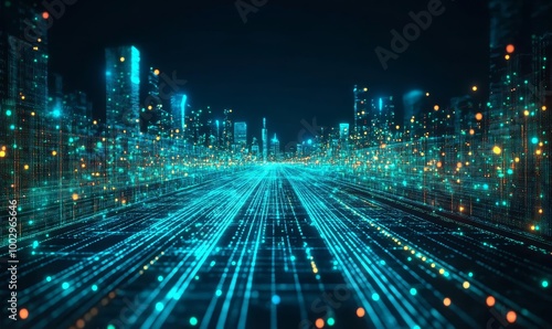 technology metaverse neon blue green background, cyber information, abstract speed connect communication, retro city future meta tech, internet network connection, Ai big data, Generative AI