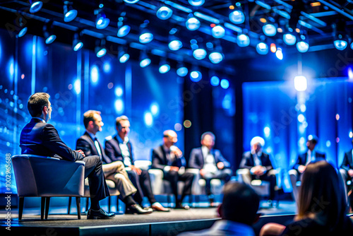 Wallpaper Mural Business Conference Speaker Presenting to a Large Audience in a Professional Setting, on dark blue background Torontodigital.ca