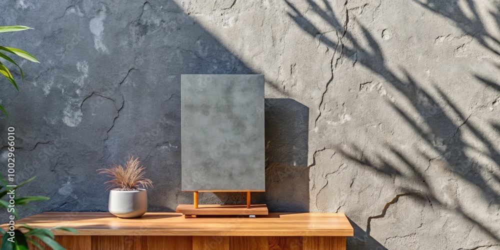 Obraz premium Rustic display with a blank canvas and small plant.