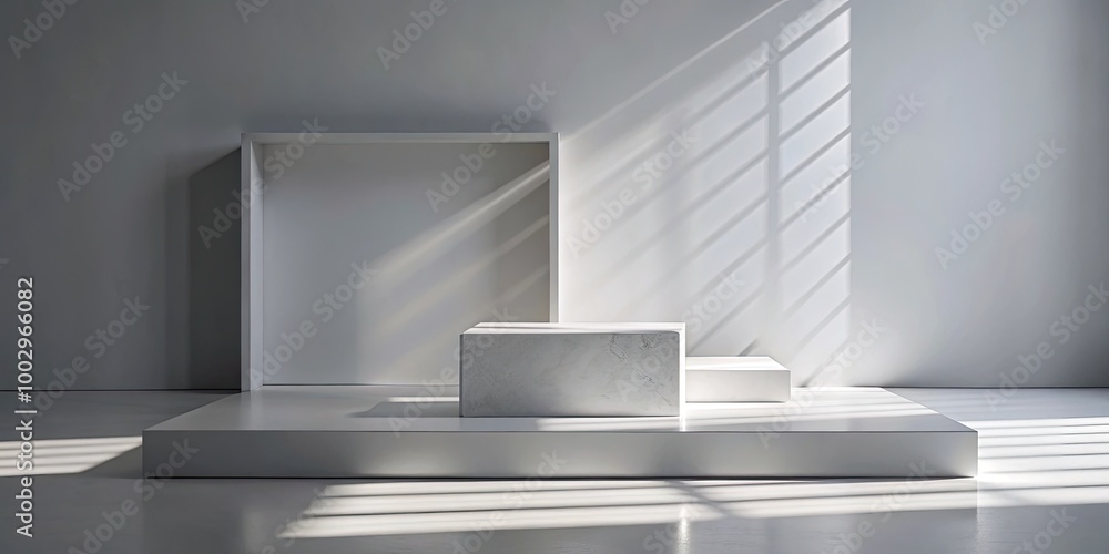 Simple white geometric shapes in a sunlit space. Simple white geometric shapes in a sunlit space.