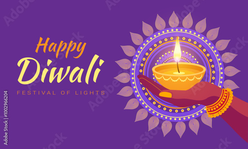 A hand holding a candle in a bowl with the words Happy Diwali Festival of Lights. The image is purple and has a lot of detail