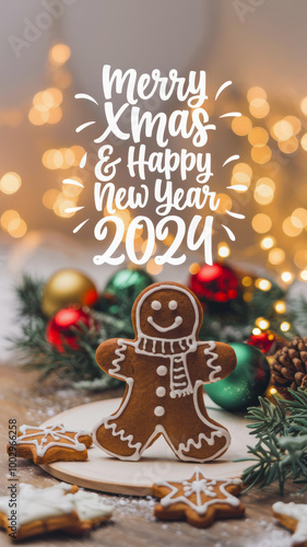 Merry Christmas and Happy New Year 2024 Greeting with Gingerbread Man