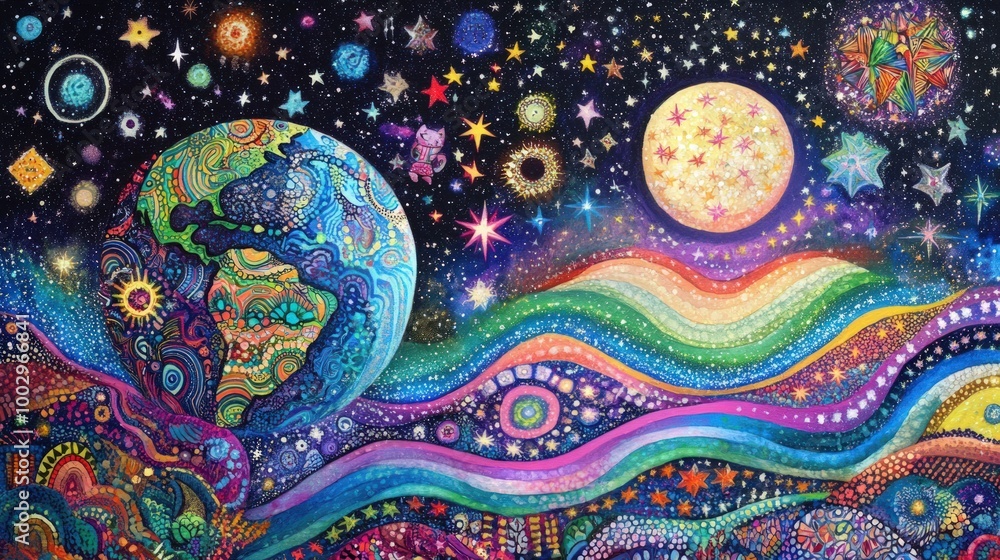 Vibrant abstract art depicting Earth, moon and stars in a starry sky. Vibrant abstract art depicting Earth, moon and stars in a starry sky.