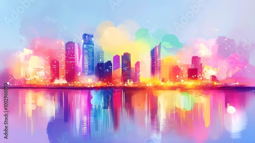 city skyline at night - a vibrant and colorful digital painting of a city skyline. The buildings are depicted in various bright colors, including shades of pink, purple, blue, yellow, and orange