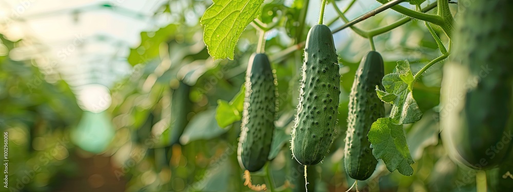 The fruits of cucumbers hang on plants grown in a greenhouse. The fruits of cucumbers hang on plants grown in a greenhouse.