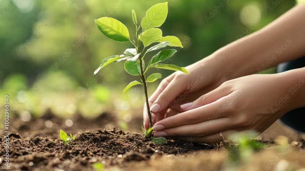 Fototapeta premium Nurturing New Life: A pair of hands gently plant a sapling, signifying growth, sustainability, and a connection to nature. The scene evokes a sense of hope and renewal.