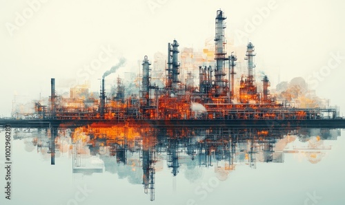 factory plant and energy industry concept in creative graphic design. Oil, gas and petrochemical refinery factory with double exposure arts showing next generation of power and energy, Generative AI