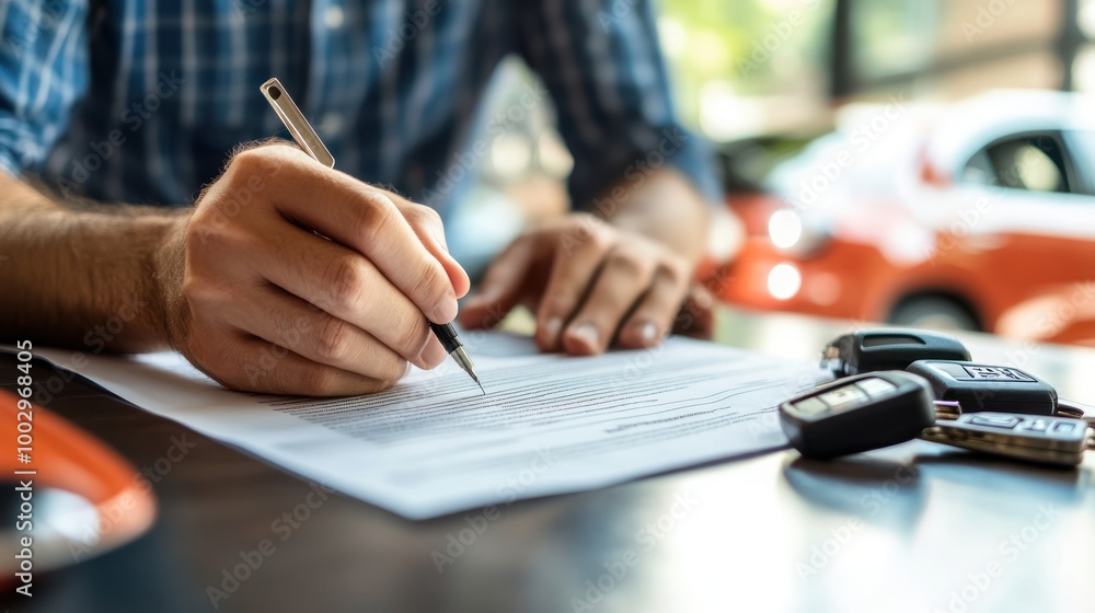A person signing a document with car keys on the table. A person signing a document with car keys on the table.