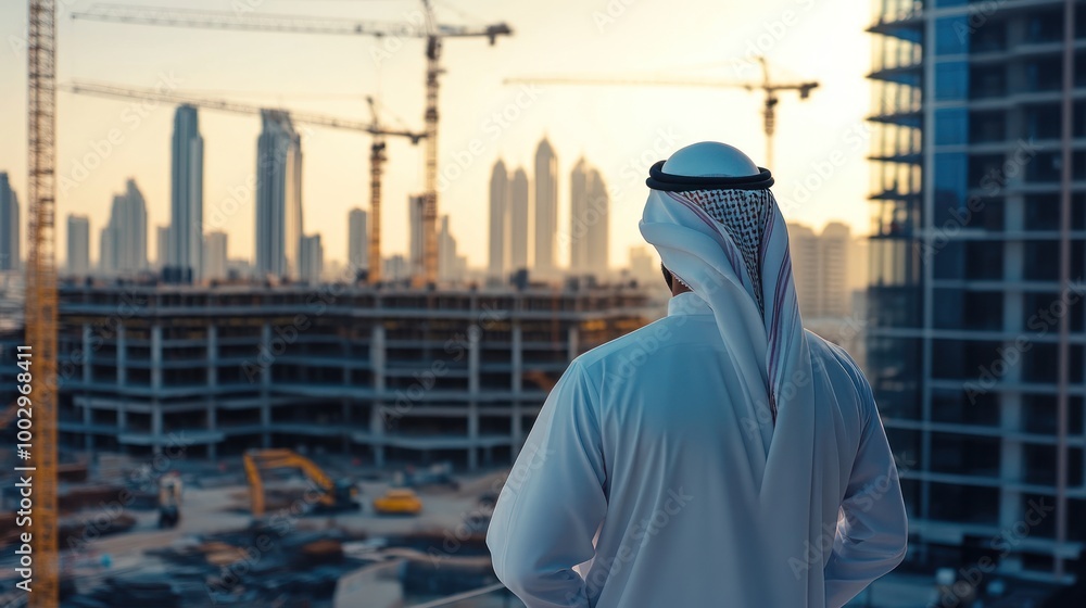 A person in traditional attire overlooks a construction site against a city skyline at sunset. A person in traditional attire overlooks a construction site against a city skyline at sunset.