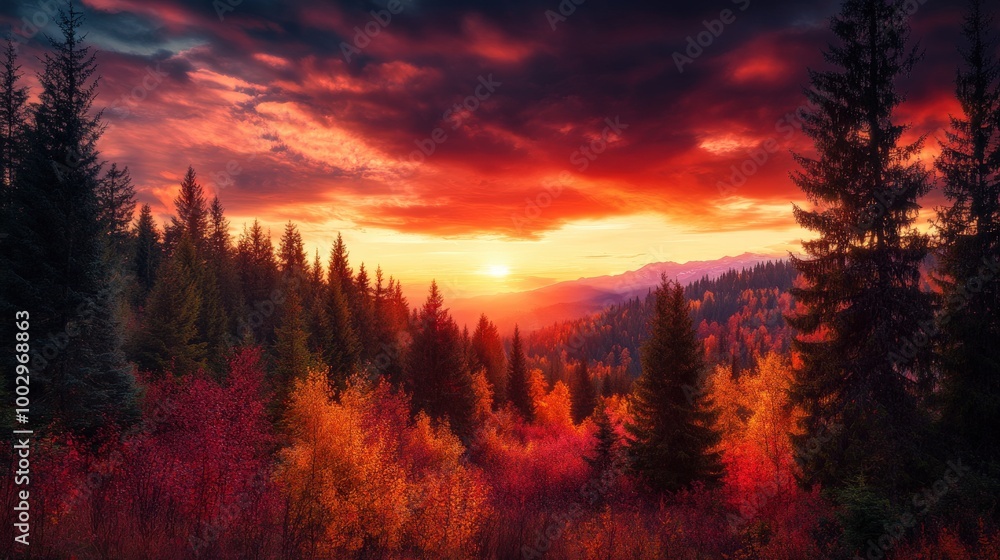 The sky bursts with colors as the sun sets behind a dense forest, illuminating the autumn leaves in stunning reds, oranges, and yellows. A peaceful moment of nature unfolds The sky bursts with colors as the sun sets behind a dense forest, illuminating the autumn leaves in stunning reds, oranges, and yellows. A peaceful moment of nature unfolds