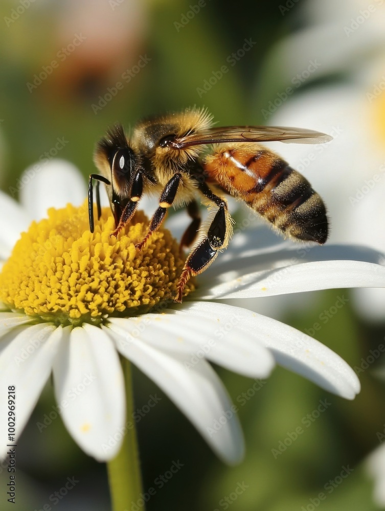 Bee on Daisy: A honeybee diligently gathers nectar from a vibrant daisy, showcasing the intricate beauty of nature's symbiotic relationship. Bee on Daisy: A honeybee diligently gathers nectar from a vibrant daisy, showcasing the intricate beauty of nature's symbiotic relationship.