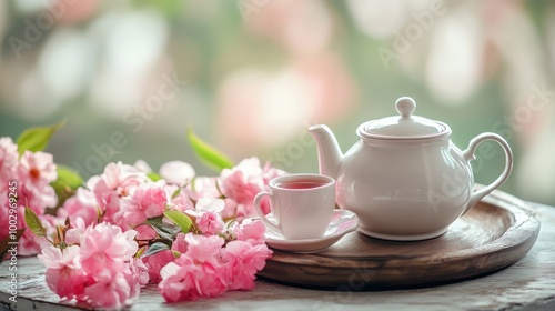 A serene tea setting with a teapot, cup, and pink flowers, evoking relaxation and tranquility.