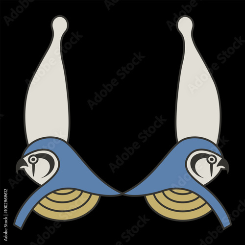 Symmetrical animal design with two falcon heads. Ancient Egyptian god Horus wearing royal pharaoh crown.