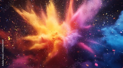 Colorful powder eruption creating a vibrant explosion on black background image