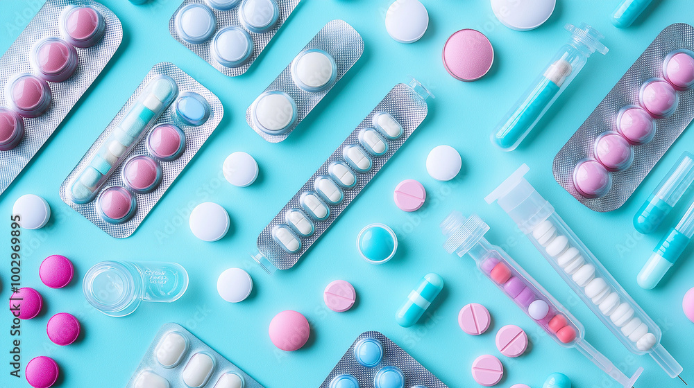 Colorful Pills and Tablets on Blue Background Colorful Pills and Tablets on Blue Background