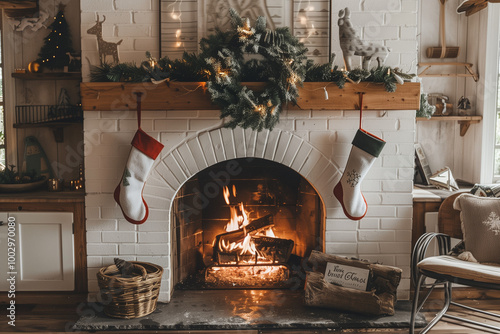 fireplace or mantelshelf with christmas decorations and socks 