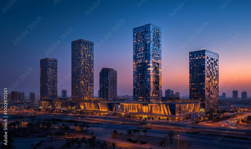 Fototapeta premium During the blue hour, the KAFD buildings in Riyadh, Saudi Arabia, stand out, Generative AI