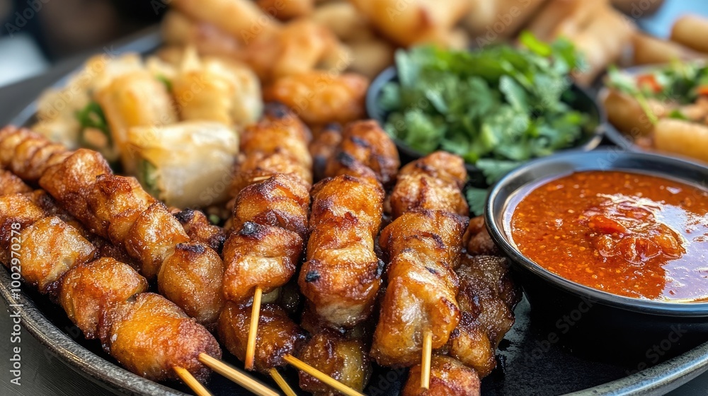Flavorful Skewers and Dishes on a Platter Flavorful Skewers and Dishes on a Platter