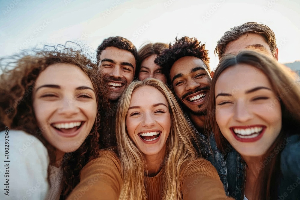 Obraz premium Joyful Group Selfie of Friends Outdoors