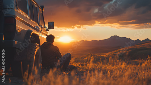 un hombre admirando la puesta del sol al atardecer sentado sombre el pasto en las montañas junto a su coche su automovil relajado y tranquilo disfrutando de la naturaleza photo