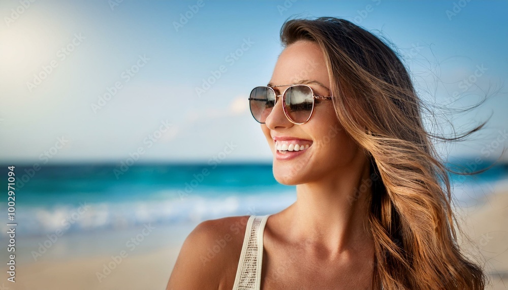 portrait of smiling woman in sunglasses with blurred beach background portrait of smiling woman in sunglasses with blurred beach background