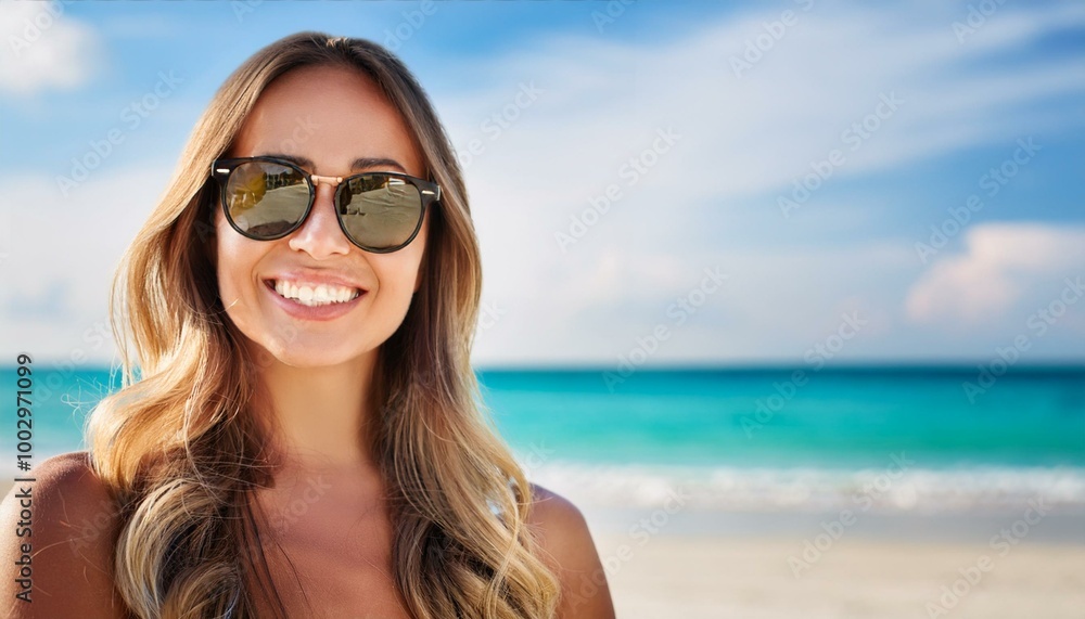 portrait of smiling woman in sunglasses with blurred beach background portrait of smiling woman in sunglasses with blurred beach background