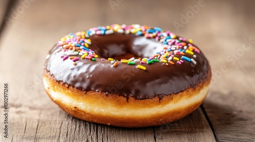 Chocolate Donut with Colorful Sprinkles on Wood Table