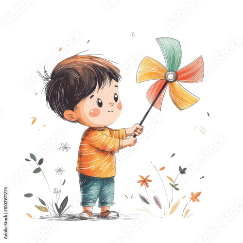 Child Playing with Colorful Pinwheel