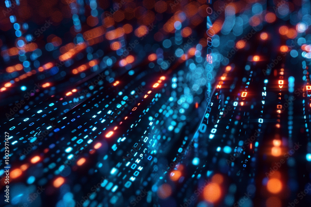 Close-up of a 3D binary code stream transforming into a protective barrier around sensitive data Close-up of a 3D binary code stream transforming into a protective barrier around sensitive data