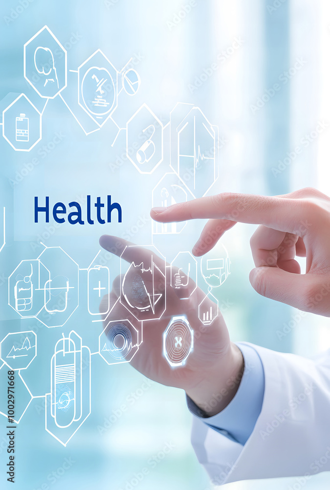 Doctor Interacting with Virtual Health Interface and Medical Icons Doctor Interacting with Virtual Health Interface and Medical Icons