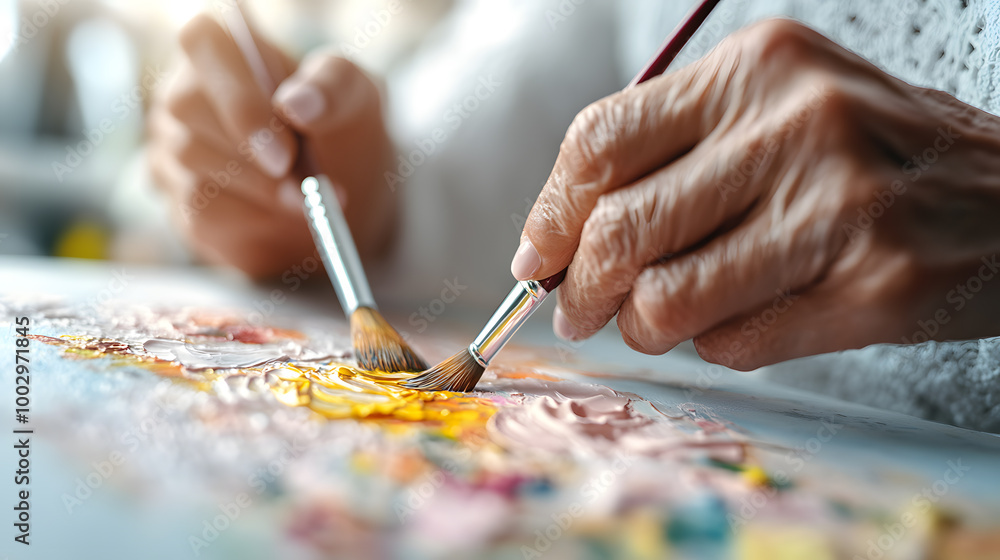 Hands painting a vibrant landscape on a breast cancer awareness Hands painting a vibrant landscape on a breast cancer awareness