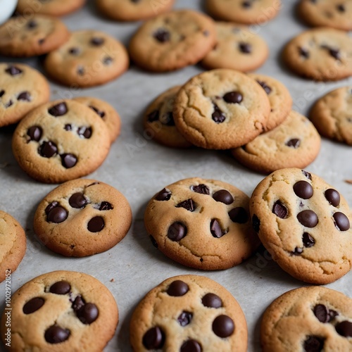 Isolated closeup of a stack of delicious brown chocolate chip cookies on a white plate, perfect for a sweet snack or dessert