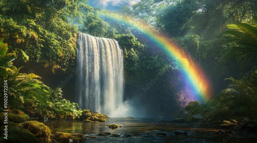 Vibrant colors fill the sky as a rainbow stretches over a powerful waterfall, surrounded by dense greenery and sunlight illuminating the scene Vibrant colors fill the sky as a rainbow stretches over a powerful waterfall, surrounded by dense greenery and sunlight illuminating the scene