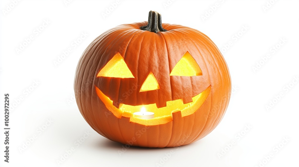 A comical Halloween pumpkin is carved into the shape of a jack-o'-lantern, with a candle flickers inside, casting a warm glow against the white background. A comical Halloween pumpkin is carved into the shape of a jack-o'-lantern, with a candle flickers inside, casting a warm glow against the white background.