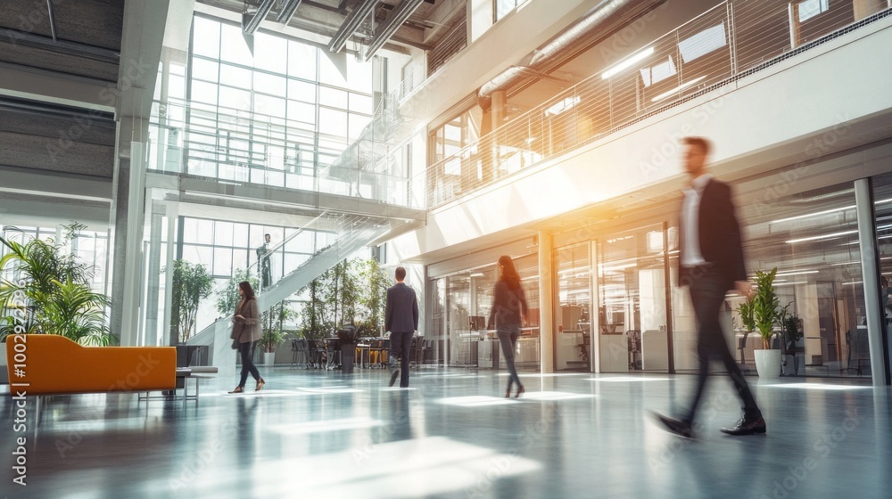 A group of people walk through a large, open building with a lot of windows A group of people walk through a large, open building with a lot of windows