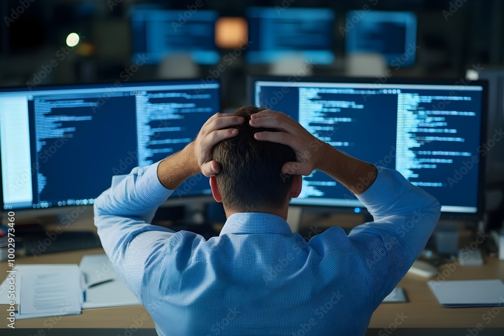© Downloads - Frustrated businessman sitting at a cluttered desk,hands in his hair,staring at a computer screen with error messages. Dark,moody lighting creates a tense.