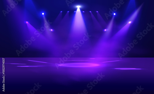 Scene illumination, bright lighting stage vector illustration, spotlights effect, light beams, show light decorations