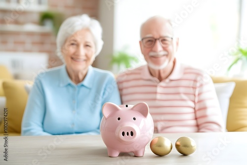 Secure Retirement Piggy Bank Nest Egg and Smiling Elderly Couple in Serene Setting